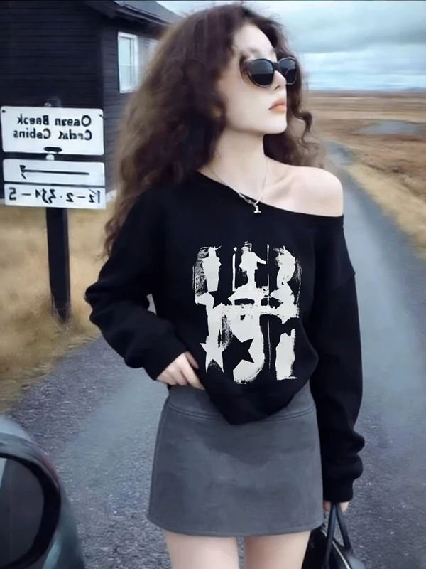 

Модный женский топ-худи оверсайз с открытыми плечами и принтом в корейском стиле, свободный крой, весна 2026