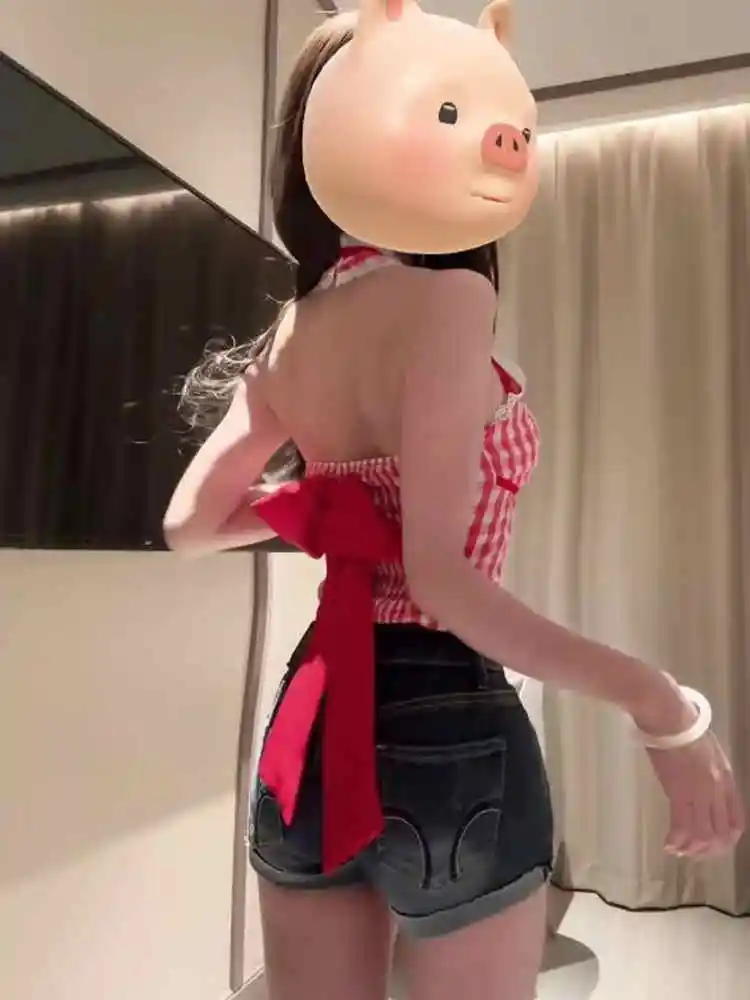 

Летний красный клетчатый облегающий топ-безрукавка для женщин с утягивающим эффектом, с узлом и асимметричным подолом, для повседневной носки