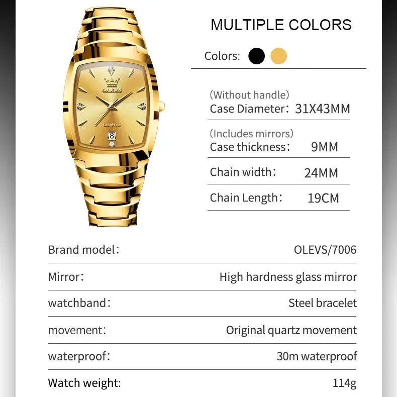 OLEVS Gold Tungsten steel Quartz Watch for Men 43mm Square Dial Business Luxury Wristwatch Waterproof Men\'s Watches