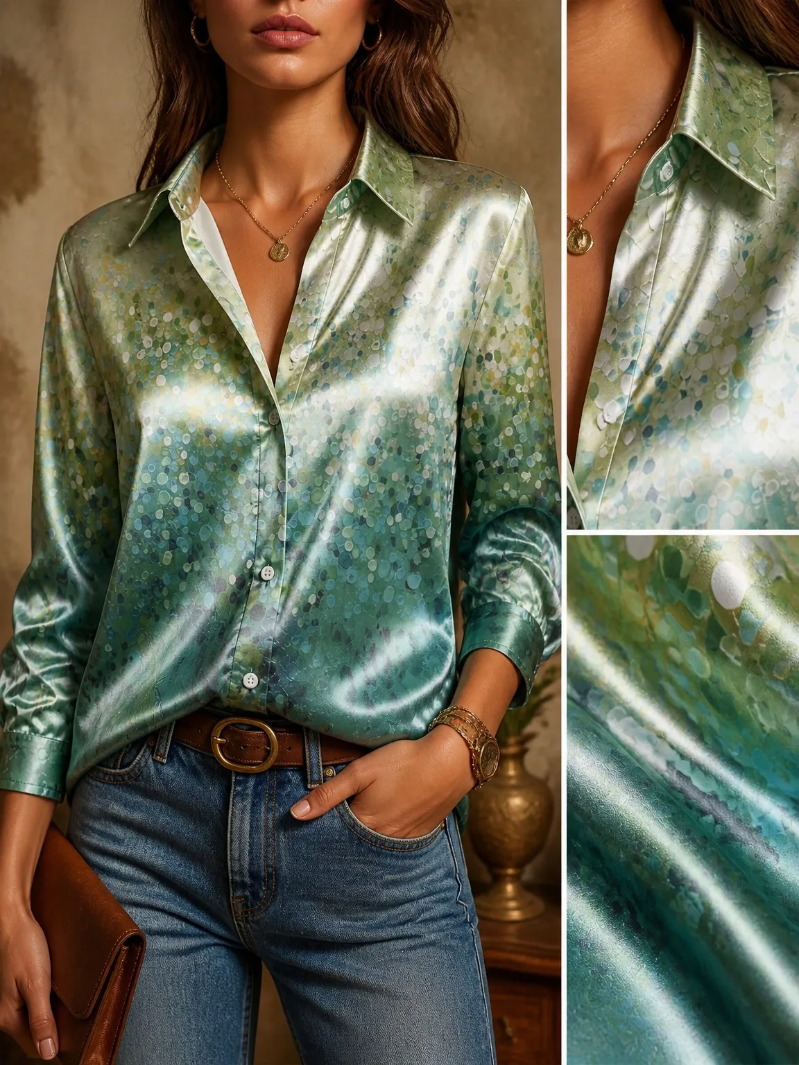 Resort Shirt Floral - Women's Long-Sleeved Floral Print Printed Collar