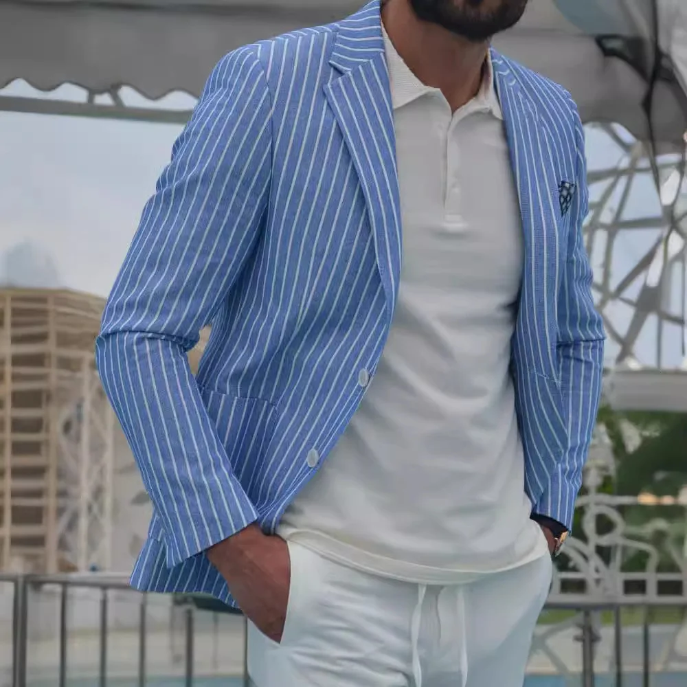 

Casual Loose Men's Stripe Suit Jaet Thin Breathable Pure Linen Long Sve Tailored Fit round Hemline Multi-ket Faion