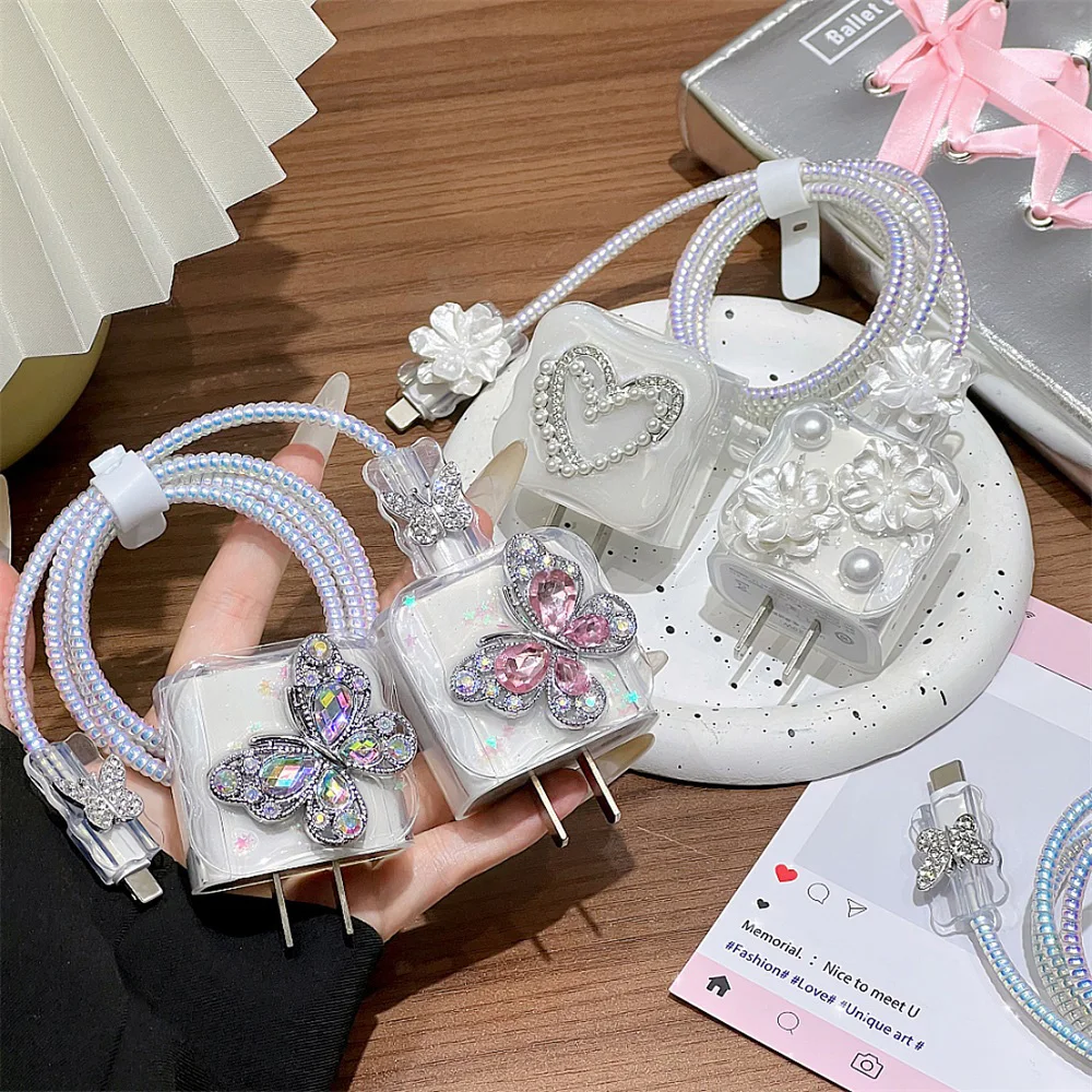 3D Butterfly Clear Charger Protector Case For iPhone 18W 20W Charging Data Cable Protector Organizer Winder Cover Accessories