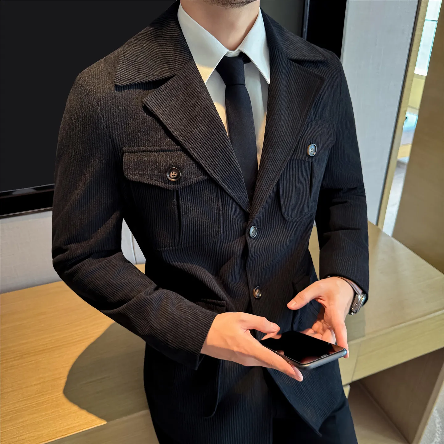 

Corduroy Mid-Length Jacket for Men - Thick Style with Suit Collar Fashion Outerwear