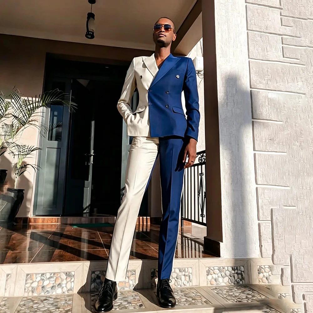 Fashion Men's Blazer Suit Patchwork Peak Lapel Double Breasted Slim Fit Groomsmen Jacket Pants Formal Wedding Party Tuxedos