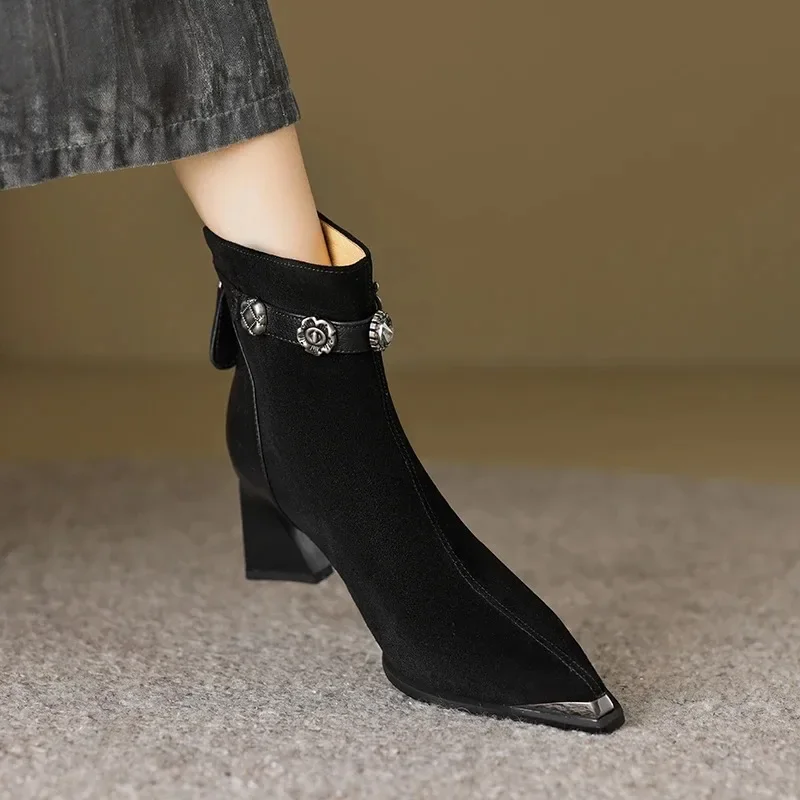Hot Seller 2025 Restore Ancient Ways Brand Genuine Leather New Women Ankle Boots Pointed Toe Solid Mid Heel Shoes Elegant Boots