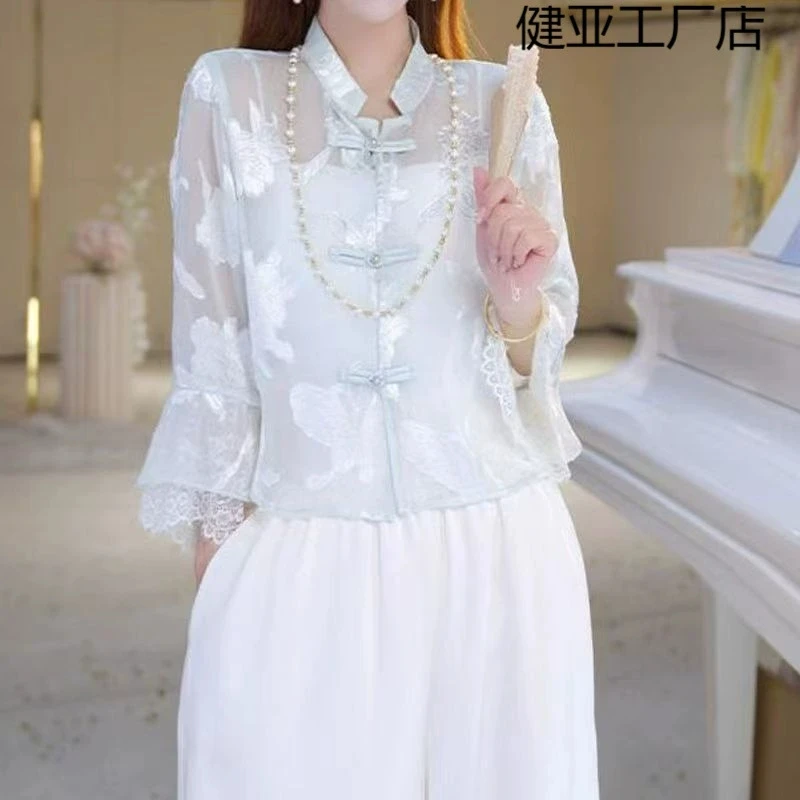 Women's Summer Retro Elegant Loose Casual Button up Shirt Blouse Coat Chinese Style Sunscreen Cardigan Top 2025