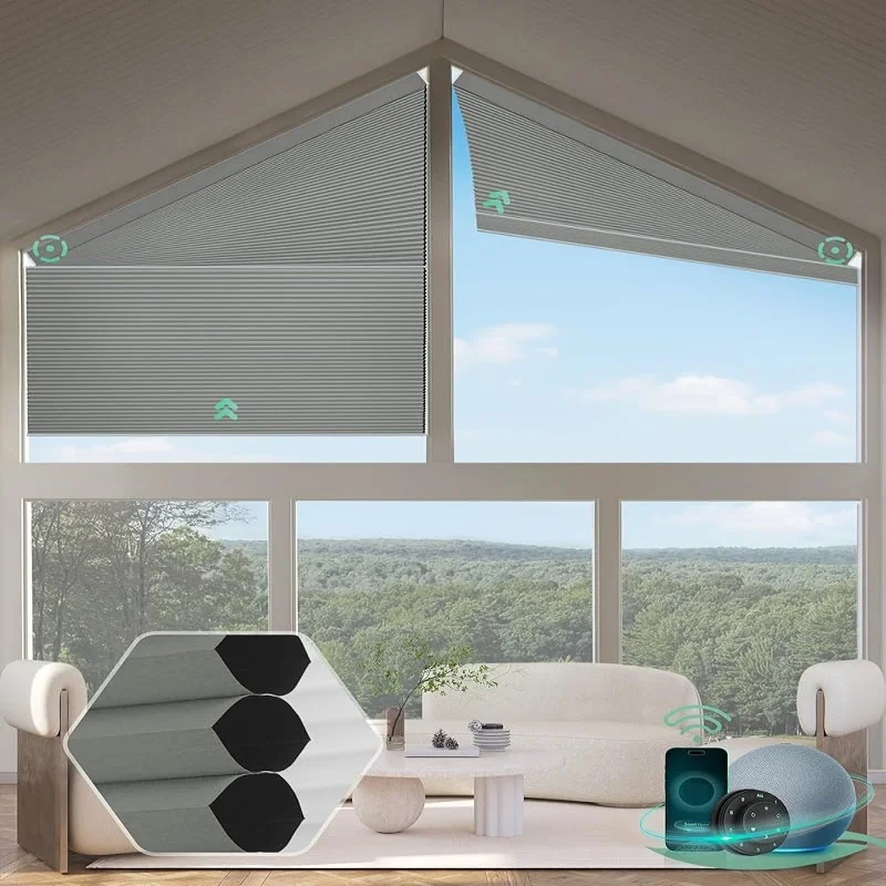 

Customized Irregular Heat Insulation Fabric Connect Alexa Tuya Wifi Control Smart Honeycomb Cellular Shades For Polygonal Window