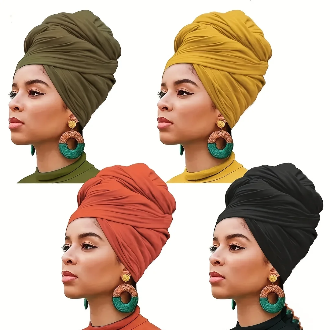 

Set of 4 Bohemian Style Pleated Head Wraps, Elegant Solid Color Turban Caps, Breathable And Ultra Soft Extra Long Headbands