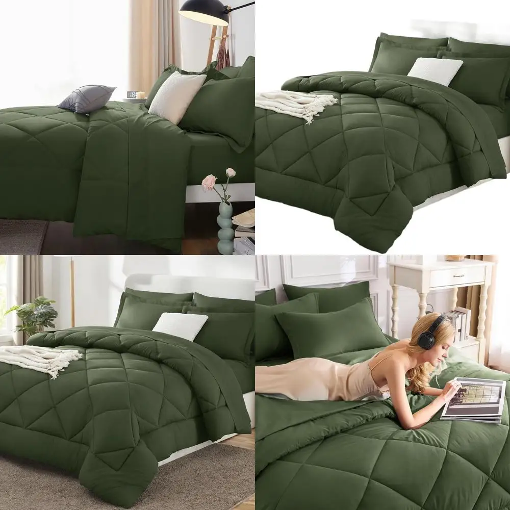 

Olive Green 7-Piece King Comforter Set: Luxury Soft Bedding with Down Alternative, Sheets, Pillowcases & Shams for All Seasons