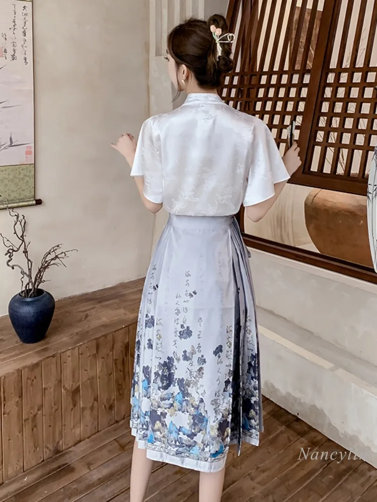 New Chinese Style Cropped Horse-Face Skirt Women\'s Petite Set 2024 Summer New Improved Hanfu High-End National Style Clothing