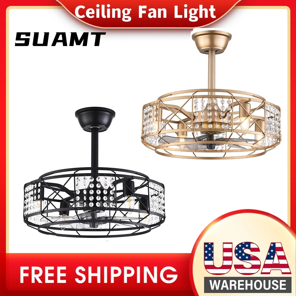 

Crystal Ceiling Fans Light with Remote 3-Speed Adjustable Quiet 20'' Enclosed Caged Industrial Metal Crystal Ceiling Fan Lamp