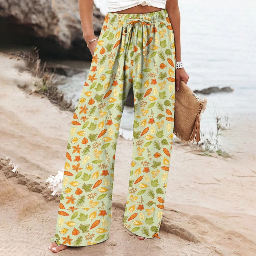 

Ladies Cotton Casual Beach Pants Drawstring Elastic Waist Design Fashion Leaf Printed Wide Leg Pants Loose Straight Pants