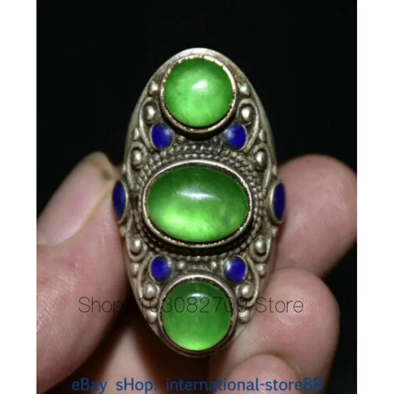 

2.2 Inch Old-Fashioned Chinese Cloisonne Silver Inlaid Emerald 3 Gem Dynasty Ring