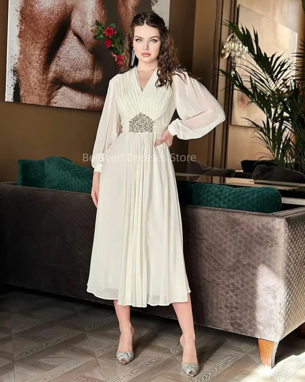 

Vintage Elegant V Neck Formal Occasion Dresses فساتين السهرة Simple Regular Sleeve A-Line Prom Dresses Robe Mariage Invité Femme