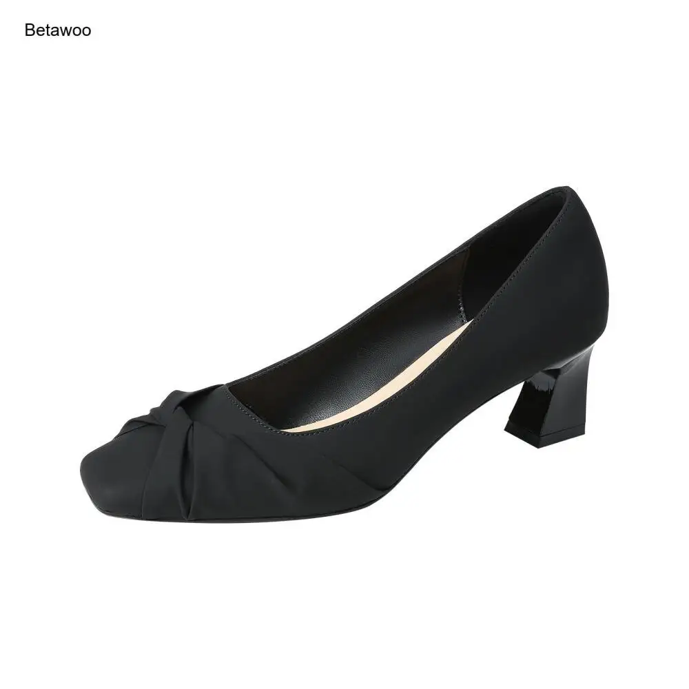 Women's Elegant Twisted Bow Square Toe Block Heel Pumps Solid Color Slip-On Daily Wedding Party Footwear