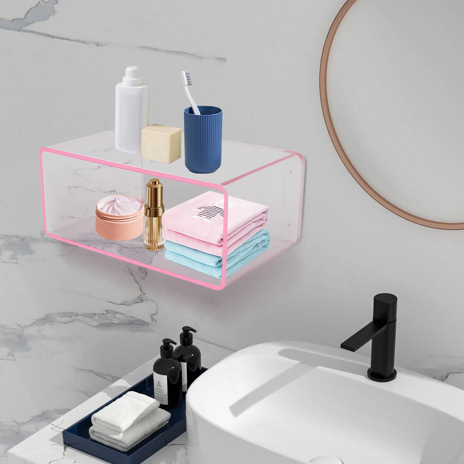 

Pink Acrylic Wall-Mounted Bedside Table & Bookshelf, Floating Nightstand for Bedroom, Space-Saving Modern Design