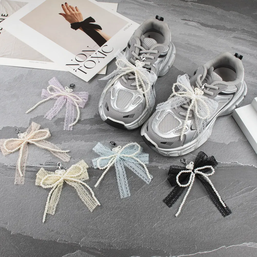 Y2K Lace Bow Keychain Pearl Removable Bag Pendant Keyring Aesthetic Key Holder Girls Shoes Charm Accessories Shoe Buckle Decor