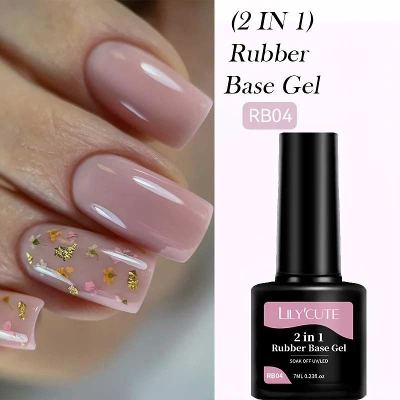 LILYCUTE 7ML Nude Rubber Base Gel Natural Pink Gold Foil Effect Self-leveling Soak Off UV Gel Varnish Great Coverage For Nails