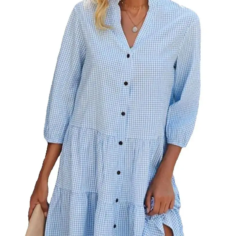 

Ladies Fashion Elgant And Sweet Style Soft Comofortable Clothing Women's Midi Dress Summer Checkered Standing Neck Shirt Dress