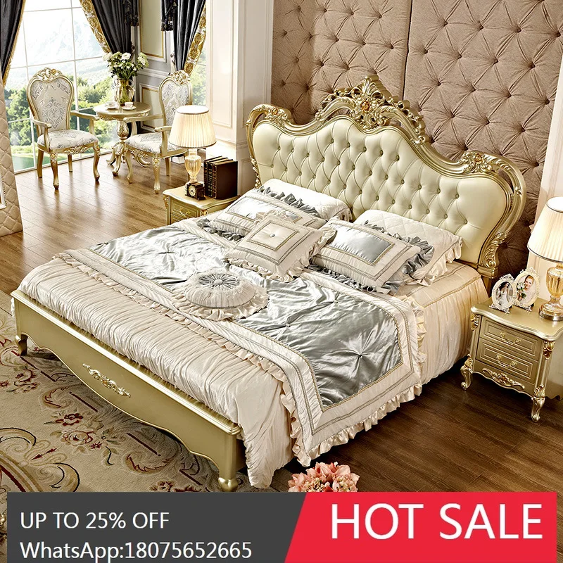 

SGF European Style Leather Bed Modern Simple Solid Wood Wedding Bed Luxurious Carved Design