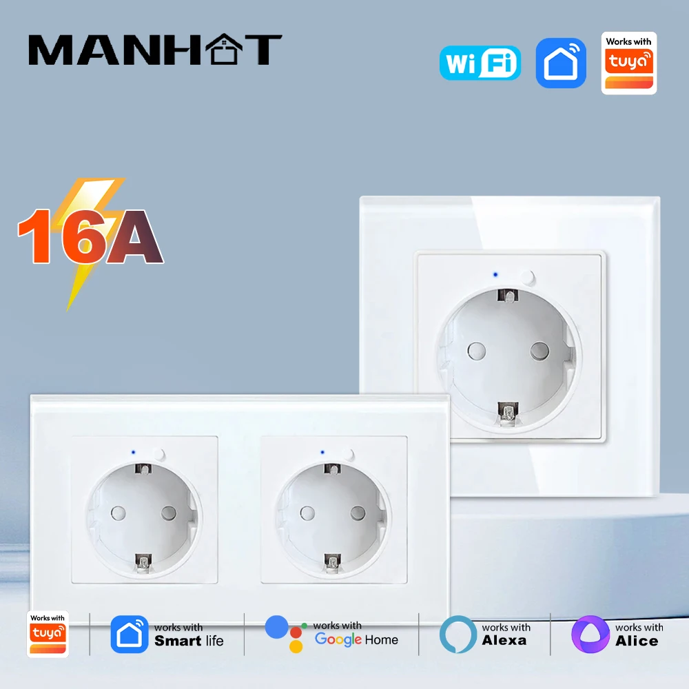MANHO Smart WiFi EU Socket Glass Panel 16A Metering Electrical Outlets Voice Control Work With Tuya Alexa Google Home