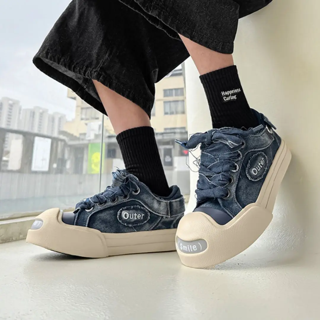 

Модная мужская парусиновая обувь в стиле ретро, 2026, новый стиль, джинсовая обувь на толстой подошве, повседневная обувь на шнуровке с большой головкой для мужчин, массивные кроссовки