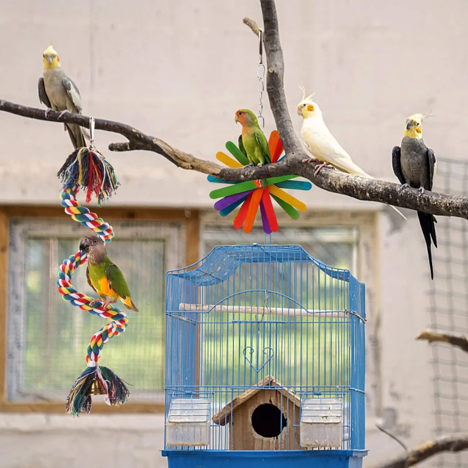 Bird Shredding Toys Wooden Blocks Colorful Parrot Chewing Foraging Hanging Toy for Parakeets Love Birds Budgies