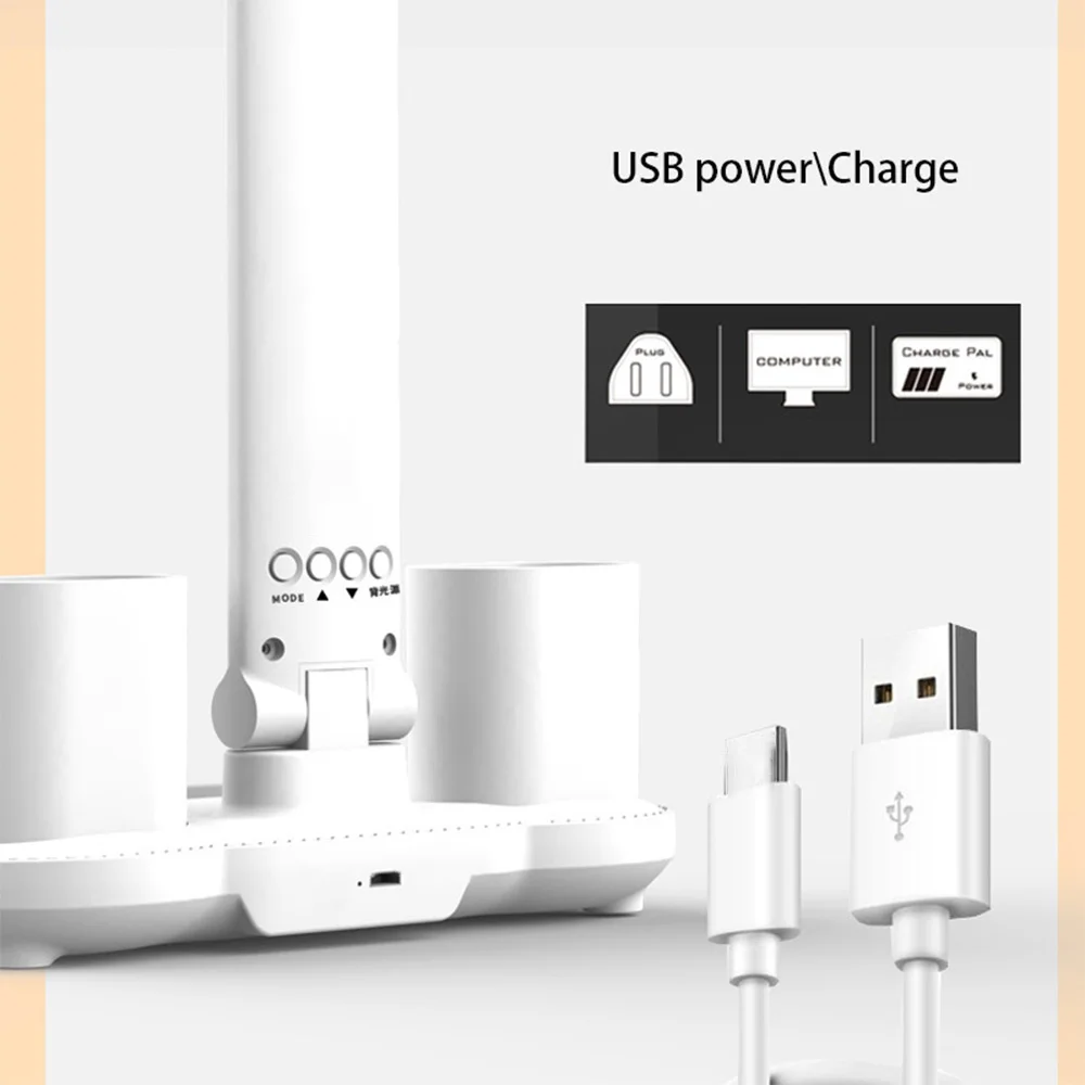 Lampada da tavolo pieghevole a LED con dimmer tattile Lampada da lettura con protezione per gli occhi Lampada da scrivania a doppia testa con data dell'ora Luce notturna con carica USB sul comodino