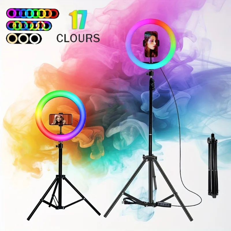 

10 Inch Dimmable LED Ring Fill Light Phone Camera Led RGB Ring Lamp with Foldable 110cm Tripod for Selfie Makeup Video Live Vlog