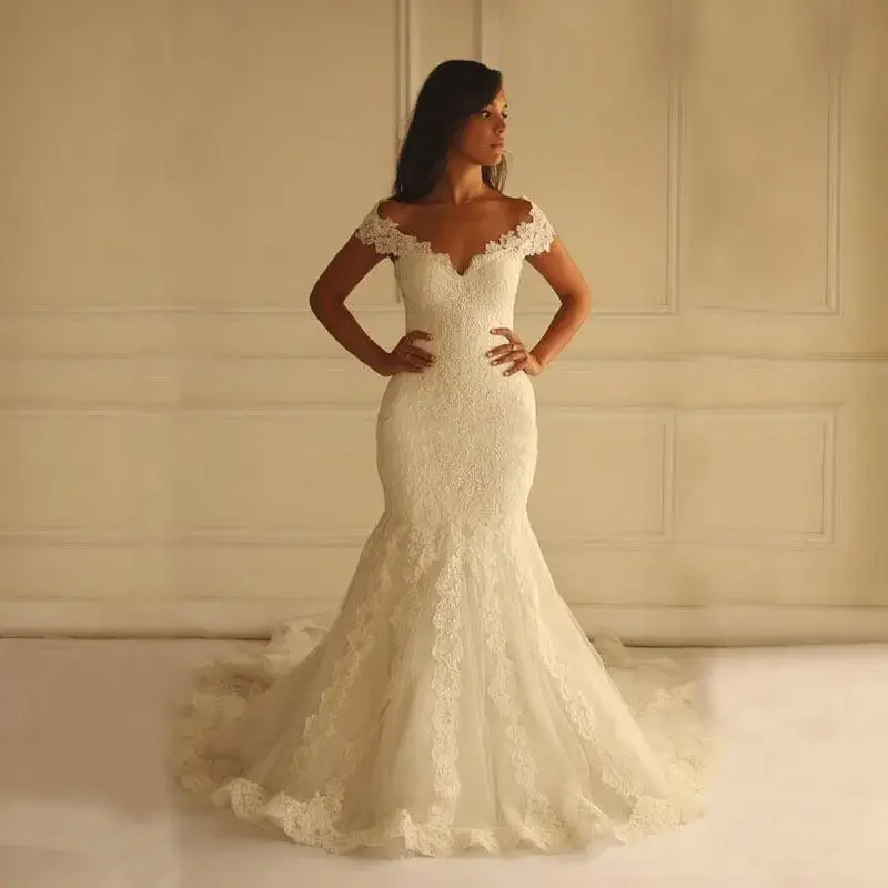 

Customized Beauty Plus Size Customized Appliqued Lace Sexy V-neckline Sweep Train Trumpet Wedding Dresses