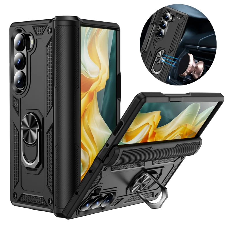 Slide Camera Lens Military Grade Armor Phone Case Shell for Samsung Galaxy Z Fold 3 4 5 6 7 Phone Holder Ring Stand Back Cover
