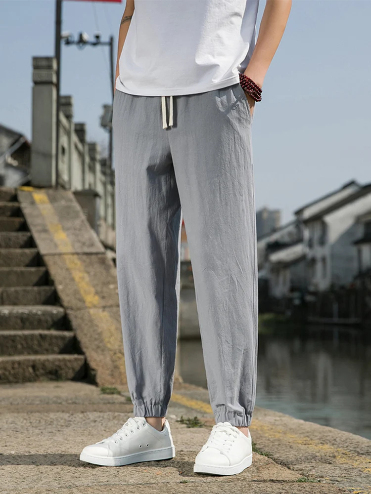 

Cotton Linen Casual Pants Men's Large Size Cuffed Nine Points Loose Summer Wide Leg Harem Pants Straight Leg Elastic Waist