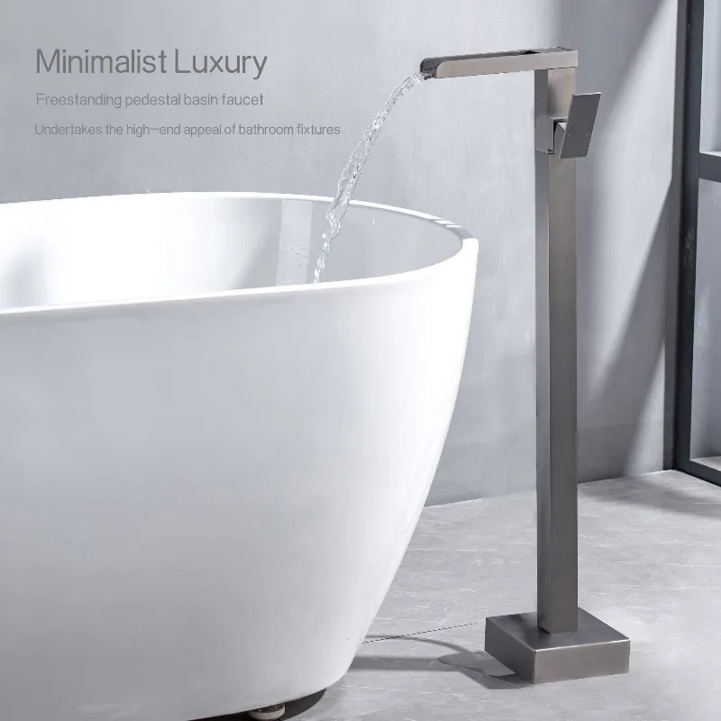 Freestanding Bathtub Faucet High Flow Rotating Minimalist Design Hot Cold Water Tap