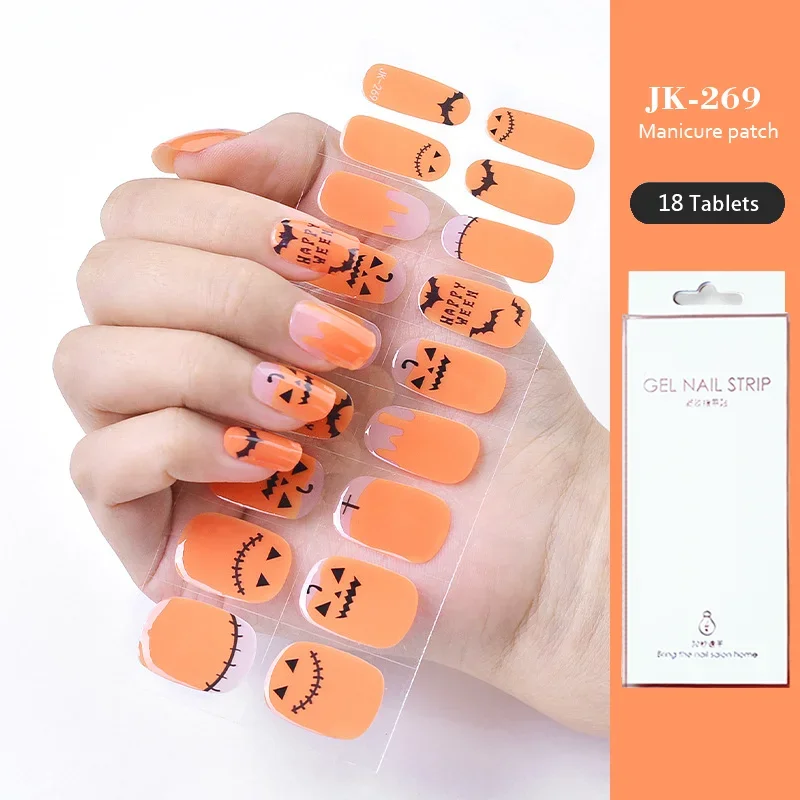 18 Plus 6 Tips Hot UV semi-sembuh Gel kuku stiker tahan air Full Paste Halloween cat kuku Patch seni kuku lampu UV perlu