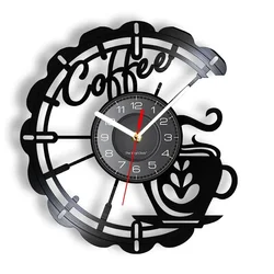 Coffee Cup Cut Out Longplay Wall Clock Kitchen Decor Cafe House Coffee Sign Black Noiseless Hanging Wall Clock Gifts for Barista