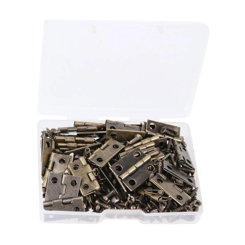 

652F 50pcs Gold Miniature Hinges with Screws Gold Tone Small Hinges set for Wood Box Crafting & Small Furniture Hardware