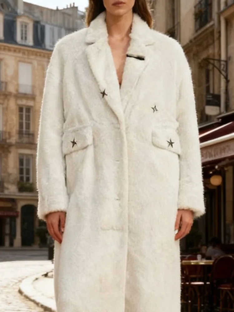 معطف نسائي طويل من ZMEENNA معطف كبير الحجم ذو طية صدر واسعة وجيوب ببرشام على شكل نجمة وشتاء أبيض ZM4505