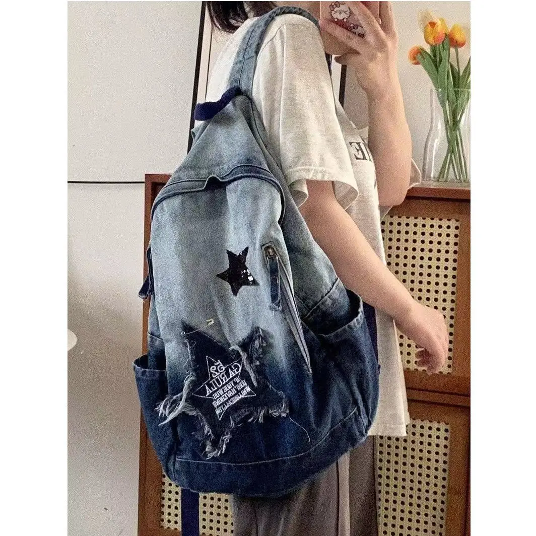 Mochila Y2K para mujer, bolso de hombro de mezclilla con Collage de estrellas, gran capacidad, escolar, informal, de viaje, novedad de 2023