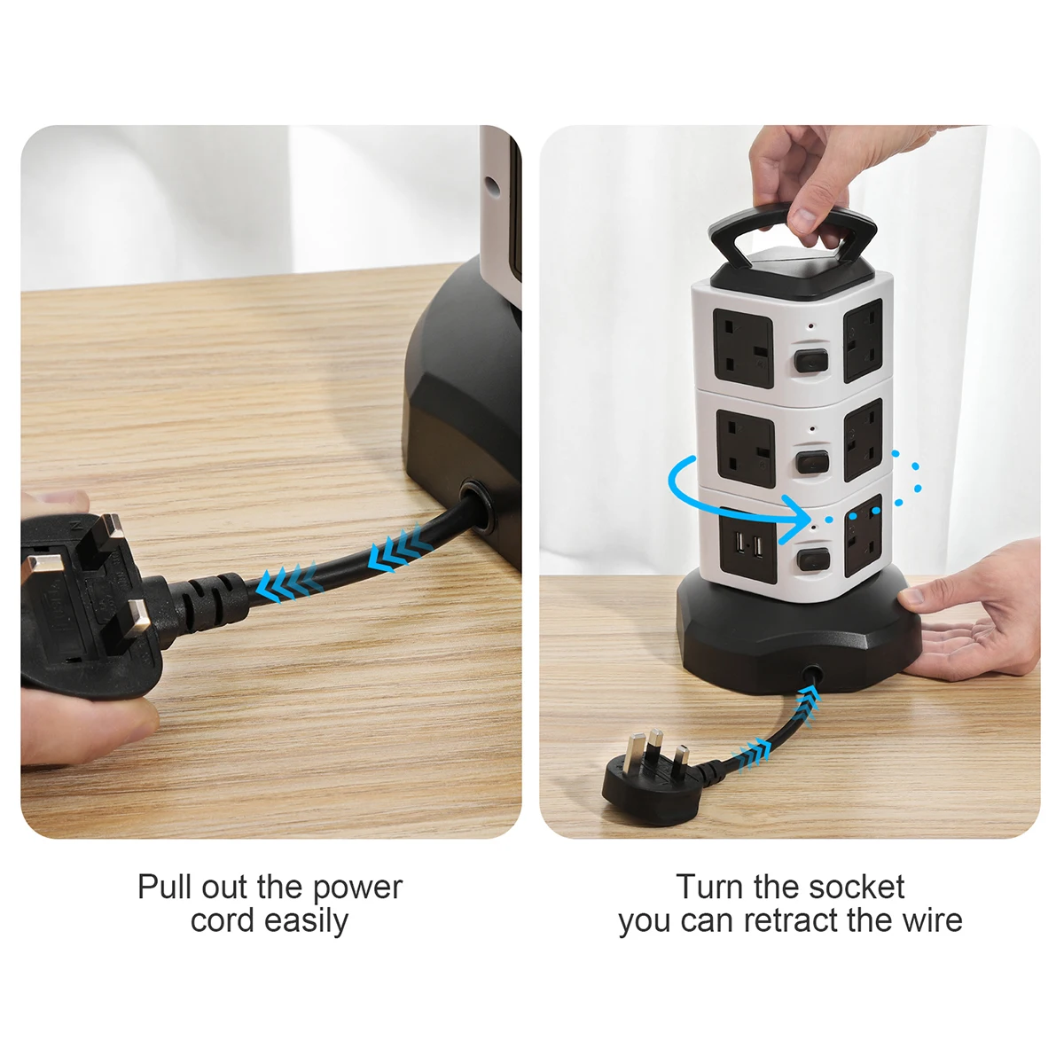 7/11/15 Ways Tower Socket Surge Protector Vertical Power Strip UK Plug Multi Outlets with 2 USB 2m Extension For Home Office