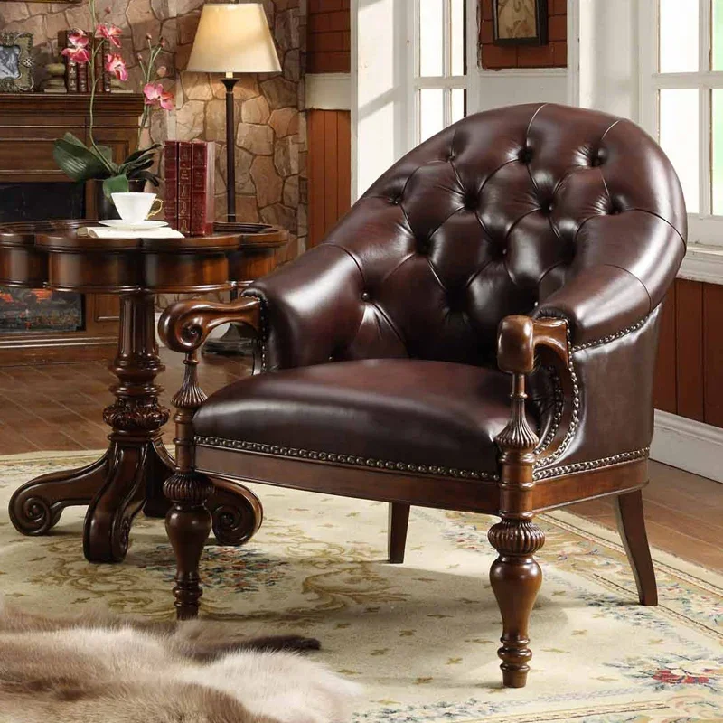 American single sofa chair Solid wood layer cowhide microfiber leisure chair retro carved negotiating chair