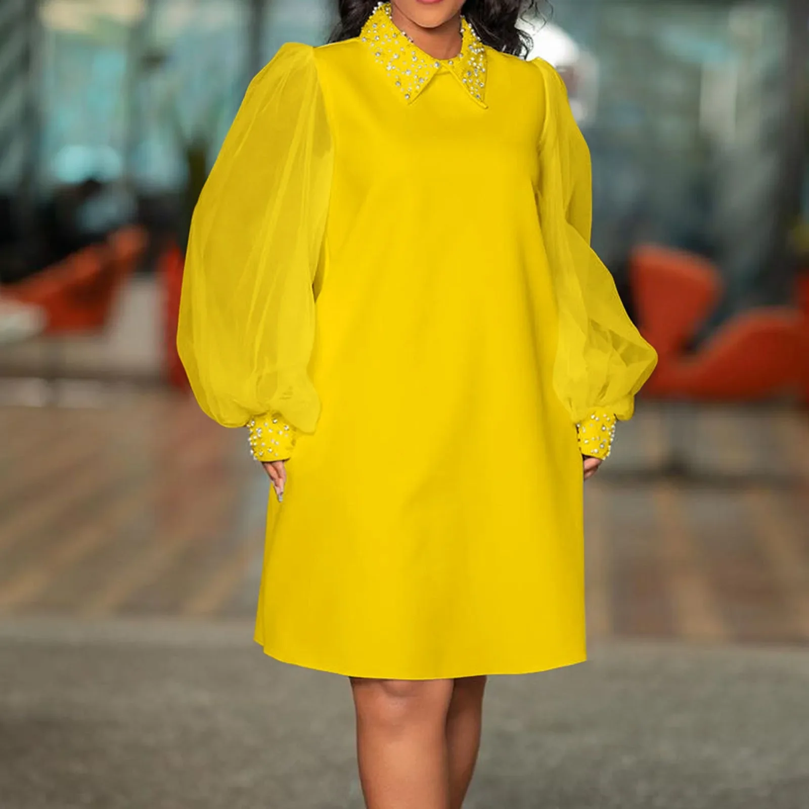 

Fashion Office Ladies Dresses For Women Turn Down Collar Full Sleeve Straight Knee Length Elegant Business Chic Work Dress 2024