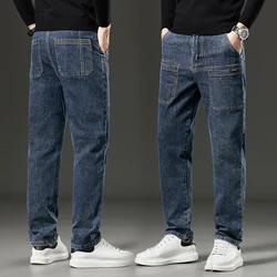 6 Pocket Design Denim Jeans Men's 2025 New High Elasticity Denim Casual Trousers Straight Male Pants Fashion Mid-waist Jeans