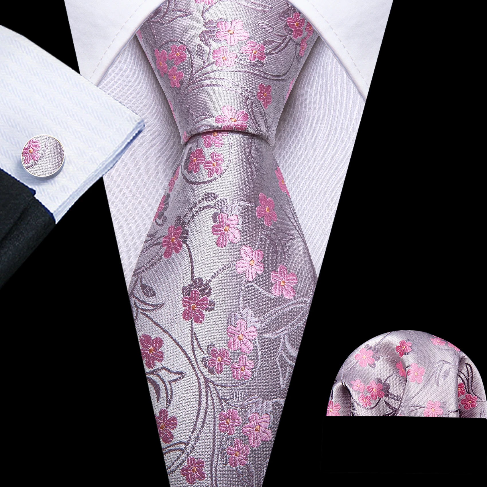 Pink Floral Men Tie Handkerchief Cufflinks Set Jacquard Necktie for Man Male Wedding Business Ties Formal Dad Husband Gift