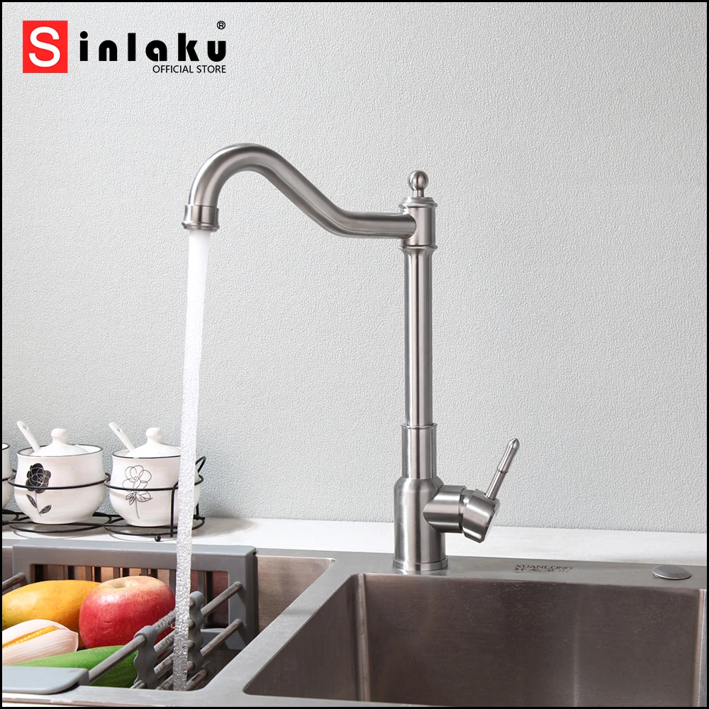 

SINLAKU Kitchen Sink Faucet Nickel Brushed Deck Mounted Single Handle Control Stream With Hot Cold Water Arc-Shaped Mixer Taps