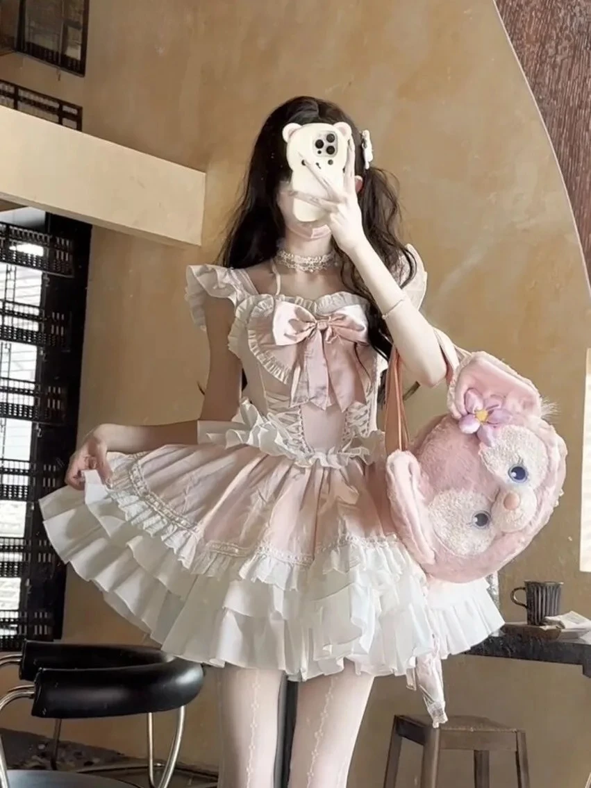 フライングスリーブボウ重工業ボールガウンエレガントなノースリーブショートドレス夏の恋人ロリータピンクプリンセスドレス