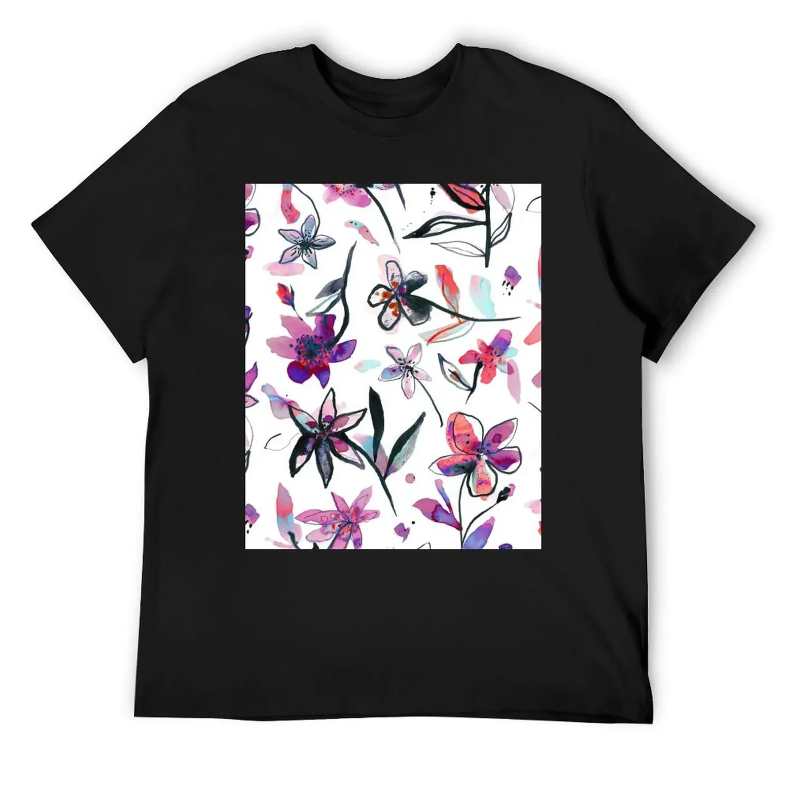 Ink and watercolor flowers - Pink, mauve and purple T-Shirt tees anime figures vintage men clothing