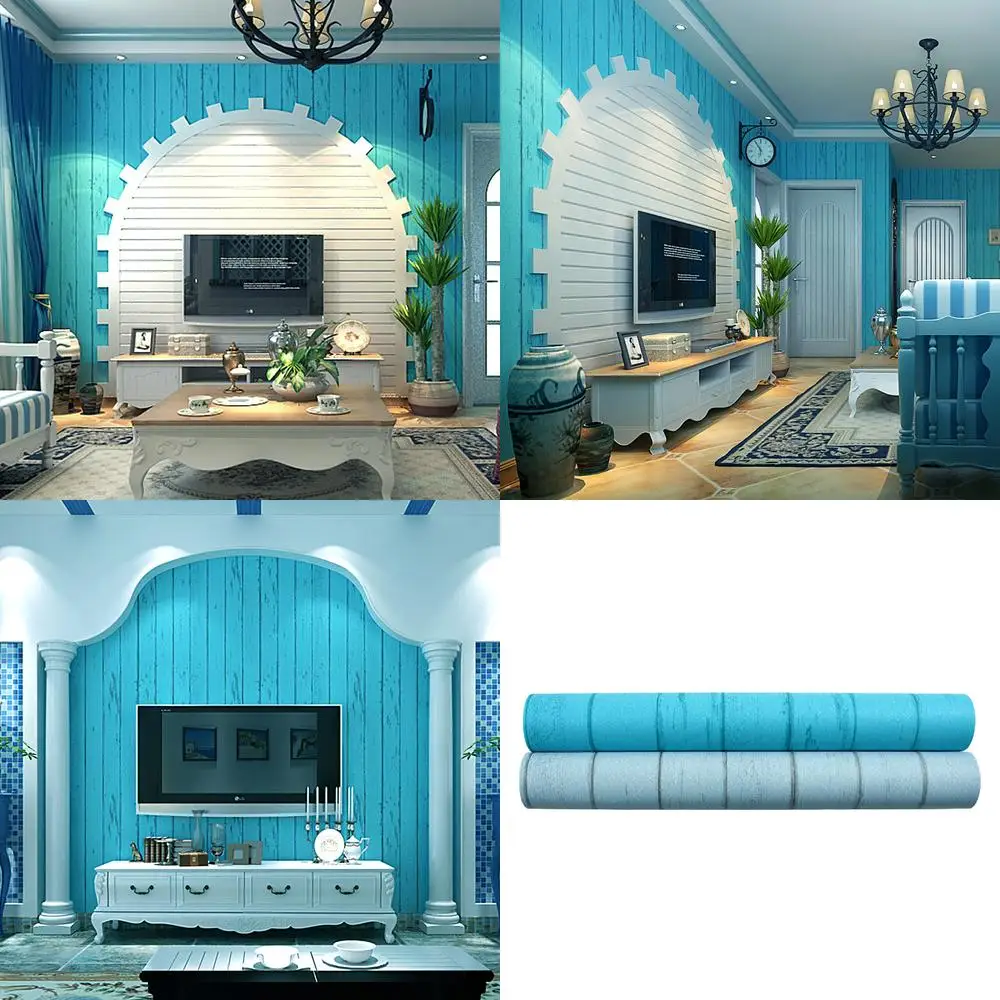 Blue Mediterranean Style Wood Grain Wallpaper Non Woven Retro Vintage Living Room TV Background Wall Vertical Stripe Wallpaper
