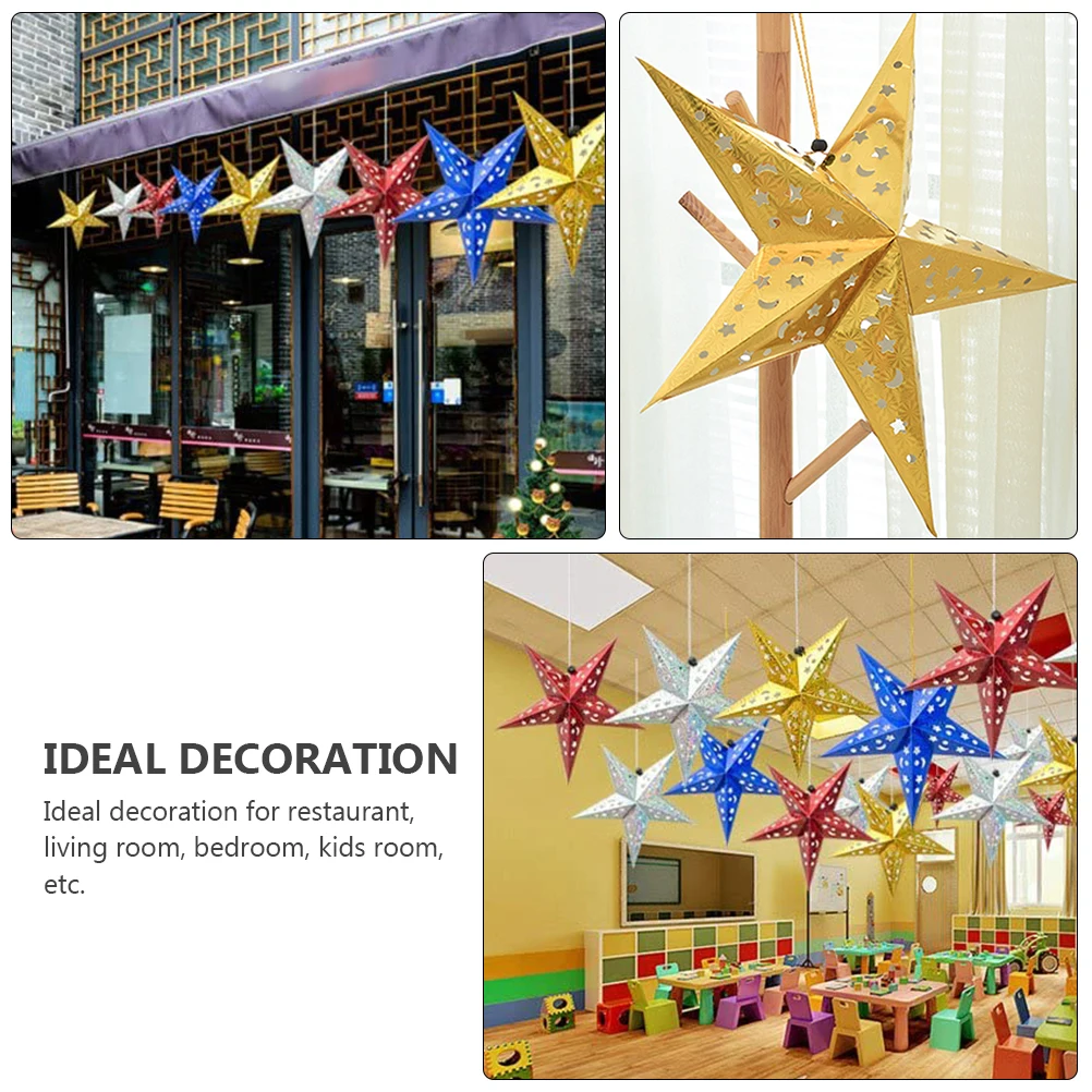 

6 Pcs Paper Star Hollow Interior Paper Pentagram Lampshades Decoration Moon Pattern Bedroom Kids Room Restaurant Decor