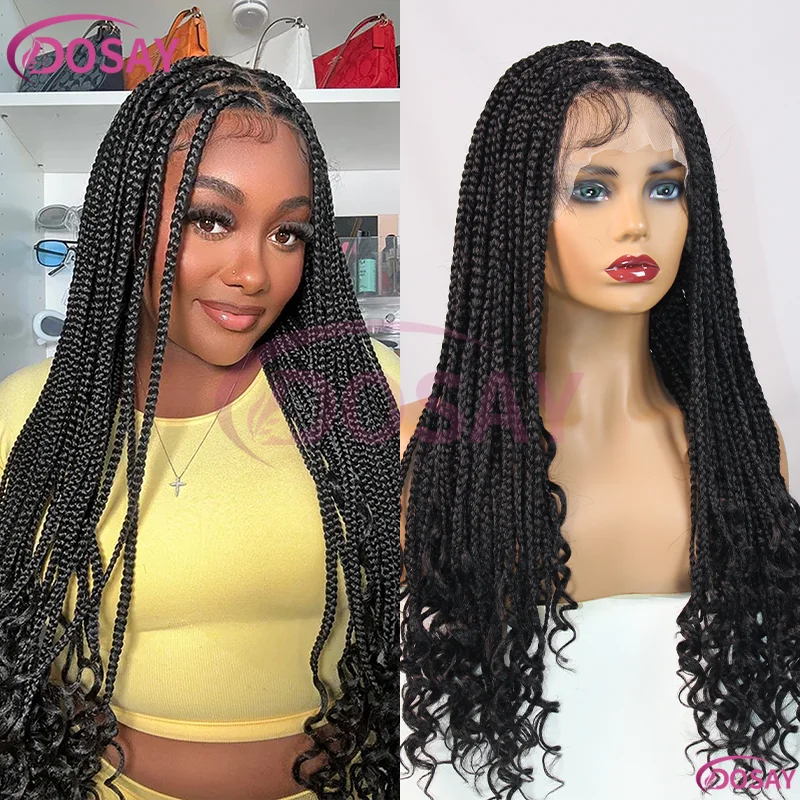 

24-дюймовые синтетические плетеные парики для чернокожих женщин, афро-парик с косой без узлов, полный парик спереди, косички, парик с вьющимися концами