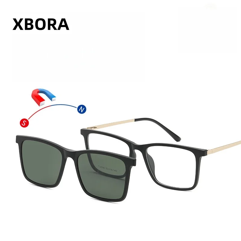 Мужские модные ультралегкие очки XBORA TR90 для активного отдыха и велоспорта, квадратные, с магнитными клипсами, ретро-дизайн, высококачественные поляризационные линзы, сменная оправа